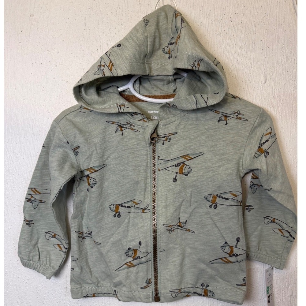 Carters Baby Boy Airplane Zip Up Hoodie Sage Green 12M NWT